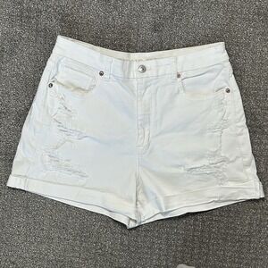 American Eagle White Jean Shorts ~ Stretch Cuff Hem Distressed~ Women's Sz 12